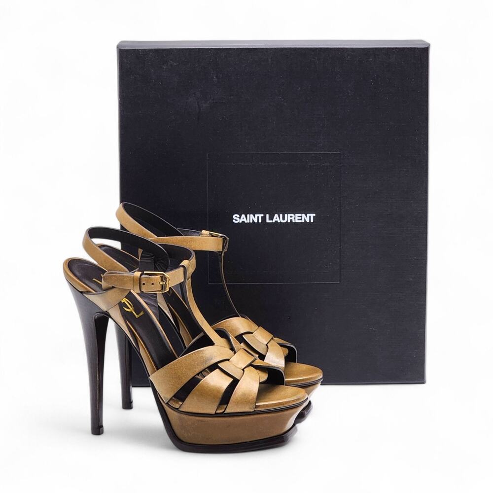 Saint Laurent Tribute Platform Leather Pumps Sandals Brown EU 35 US 5 $1100 NWB - Picture 1 of 11